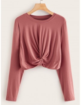 Twist Front Solid Long Sleeve Tee
