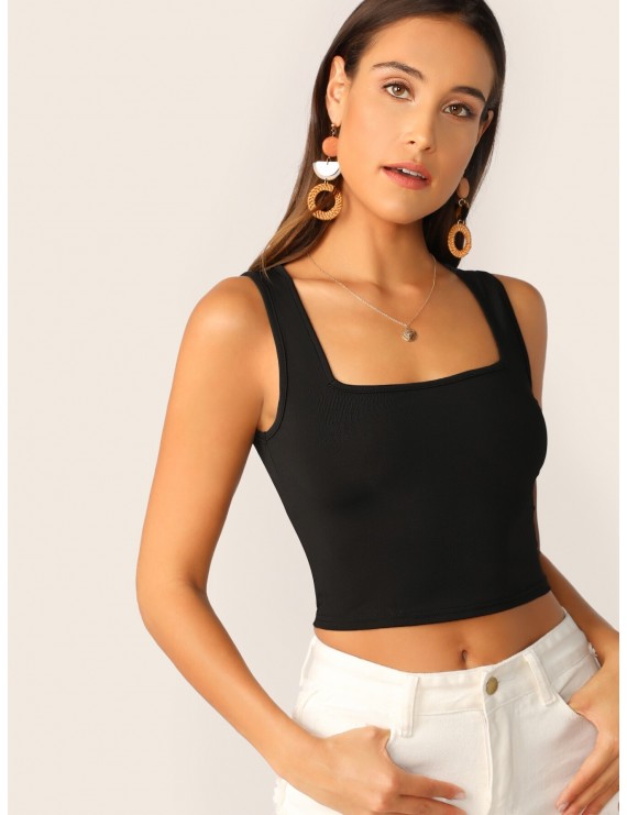 Square Neck Ribbed Crop Tank Top