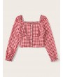 Gingham Square Neck Shirred Crop Blouse