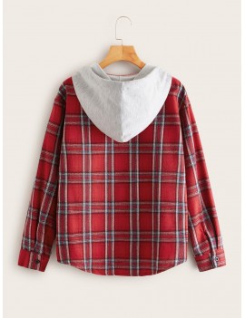 Plaid Pocket Front Hooded Blouse