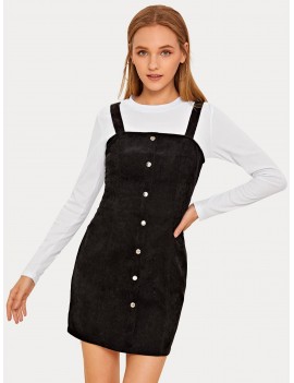 Solid Button Front Corduroy Pinafore Dress