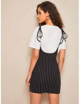Knot Strap Split Hem Striped Suspender Dress