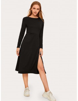 Solid Split Thigh A-line Dress