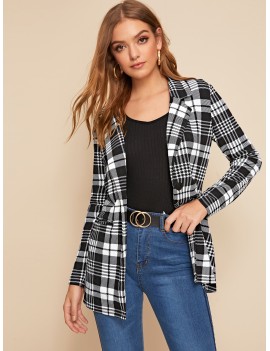 Single Buttoned Notched Collar Plaid Blazer