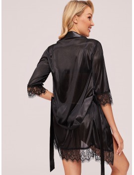 Contrast Lace Robe With Belt