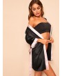 Contrast Side Belted Satin Robe With Thong