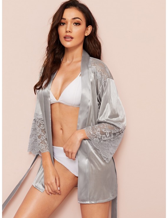 Contrast Lace Belted Satin Robe Without Lingerie Set