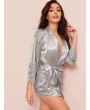 Contrast Lace Belted Satin Robe Without Lingerie Set