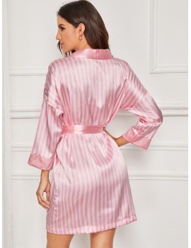 Striped Self Belted Satin Robe