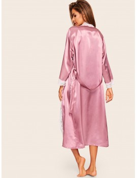 Floral Lace Trim Satin Belted Robe