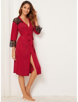 Floral Lace Self Belted Robe