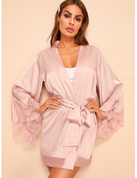 Floral Lace Self Belted Satin Robe