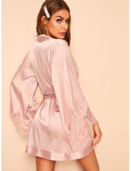 Floral Lace Self Belted Satin Robe