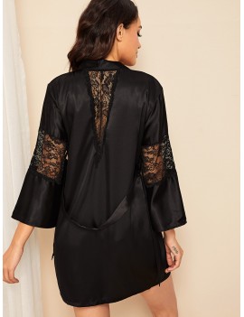 Contrast Lace Satin Belted Robe