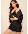 Contrast Lace Satin Belted Robe