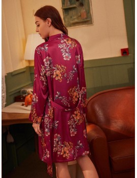 Floral Print Belted Satin Robe