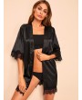 Lace Trim Satin Robe With Thong & Belt