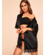 Lace Trim Satin Robe With Thong & Belt
