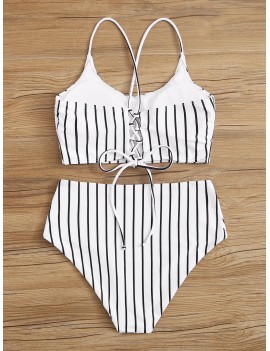 Striped Criss Cross Top With High Waist Swimwear