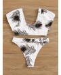 Feather Print Short Sleeve Swimwear Set With Belt