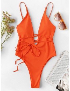 Deep Plunge Low Back Belted One Piece Swimsuit