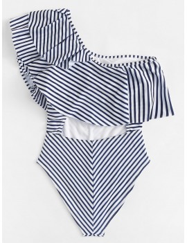 Layered Flounce Striped One Shoulder One Piece Swimsuit