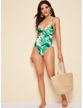 Tropical Lace Up Back One Piece Swimwear