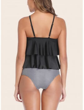 Tiered Layer Top With Striped High Waist Tankini