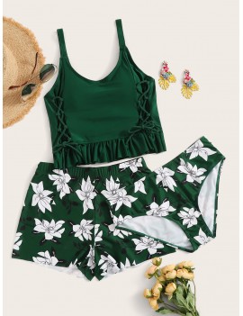 Lace Up Frill Hem Top With Floral 3piece Swimwear