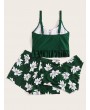 Lace Up Frill Hem Top With Floral 3piece Swimwear